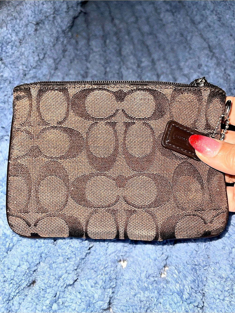 Coach Vintage Brown Signature Jacquard Mini Skinny Zip Card Case Pouch